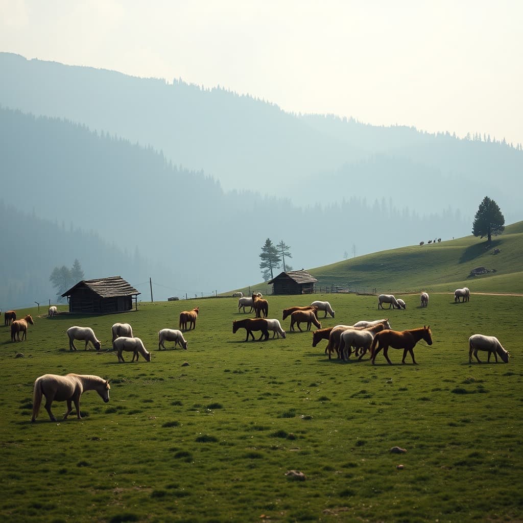 Sheep and horses grazing on wide green pasture with wooden shepherd huts