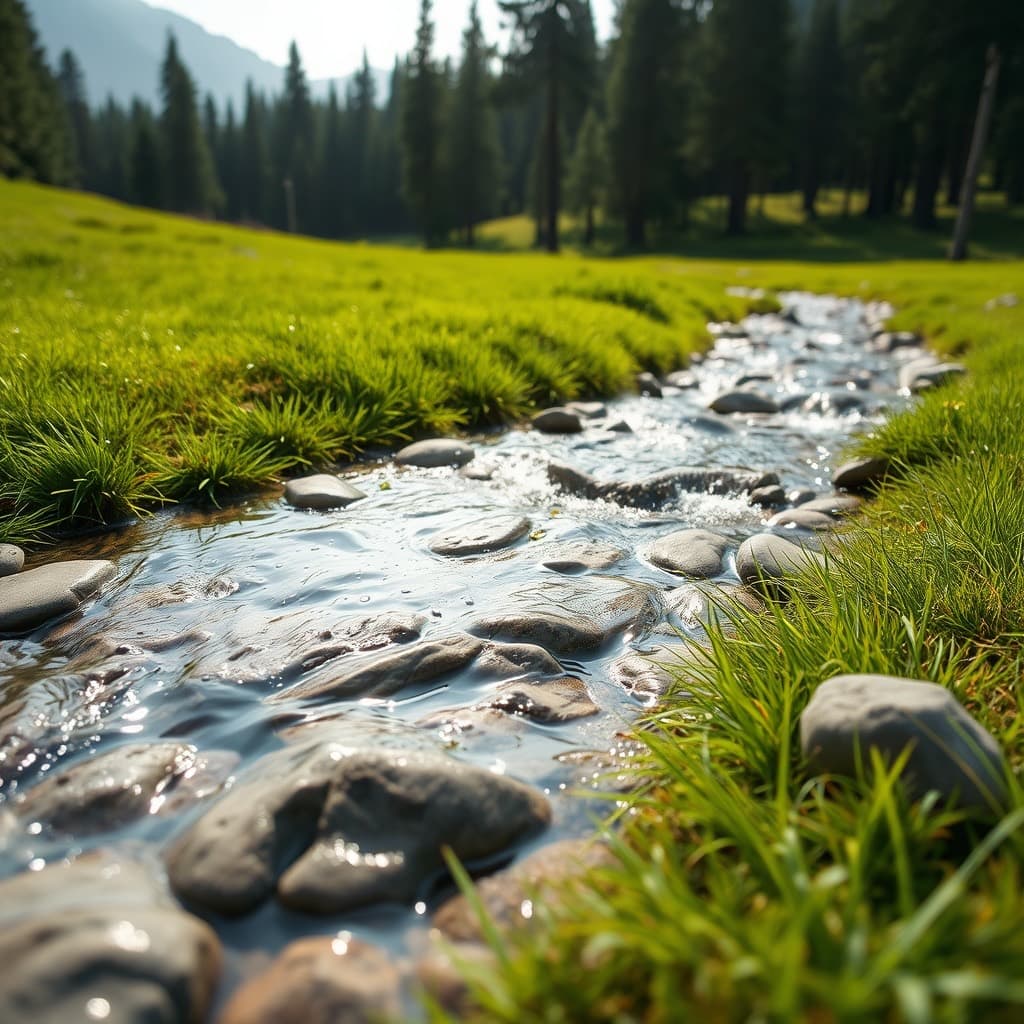 A shallow clear stream running over stones through bright green grass