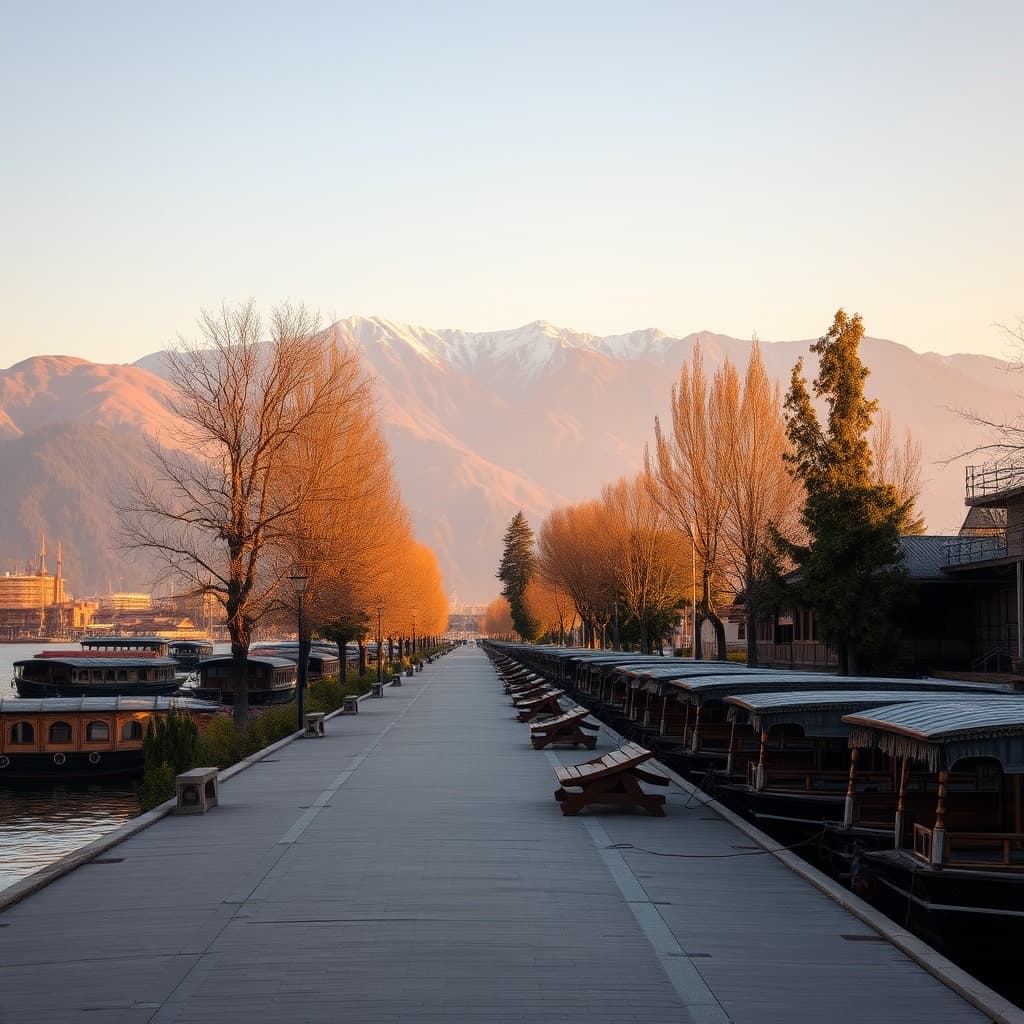 The Boulevard along Dal Lake at golden hour, houseboats below the hills