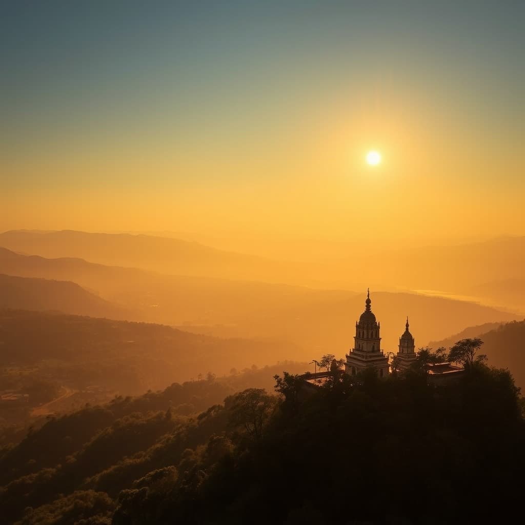 Temple spires on a forested hillside above a river valley near Jammu at sunset