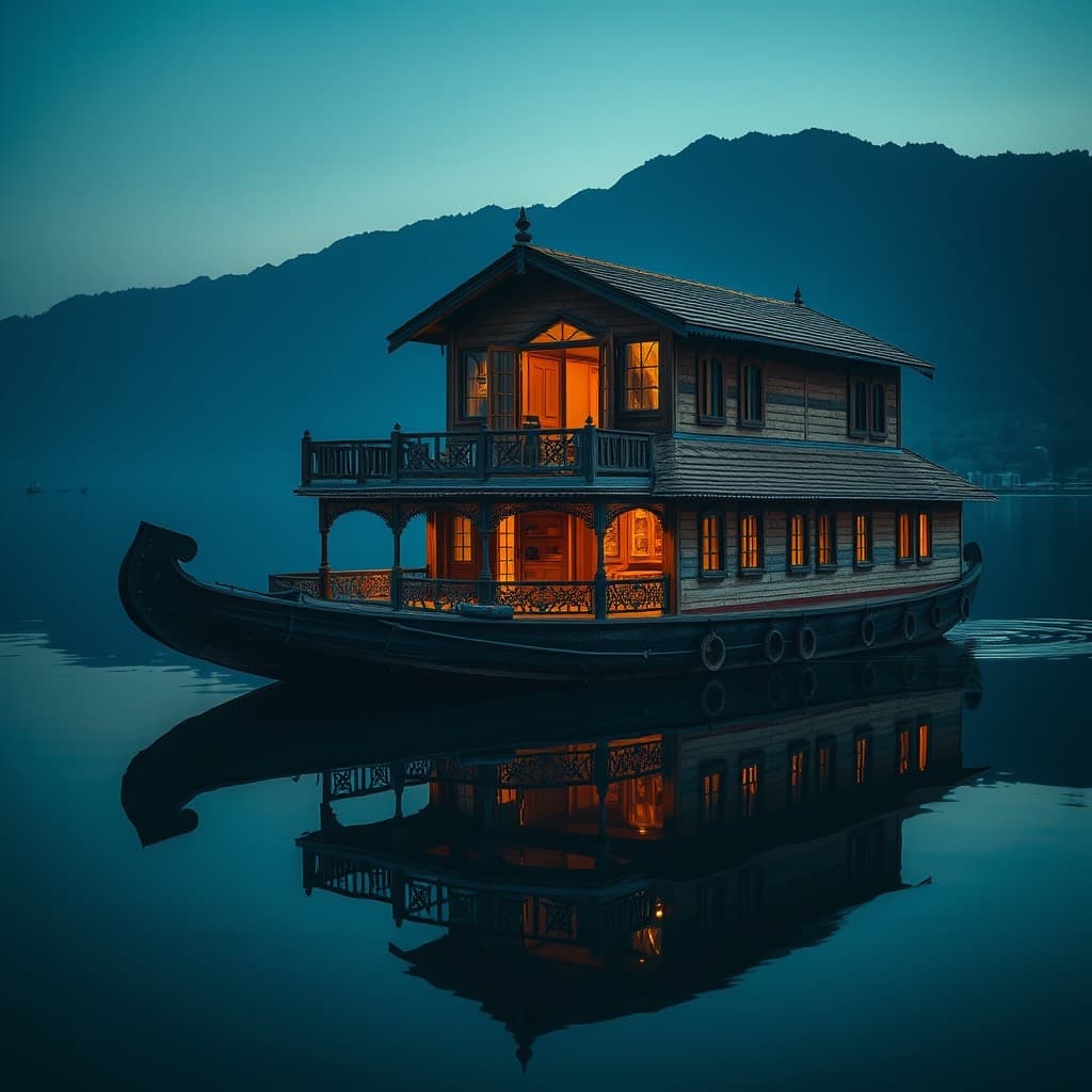 A wooden houseboat moored on a calm lake at dusk